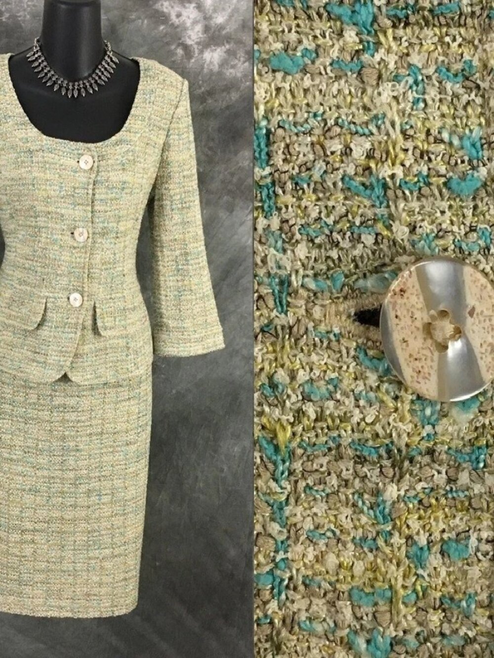 BEAUTIFUL St John knit green blue multi jacket skirt suit size 6